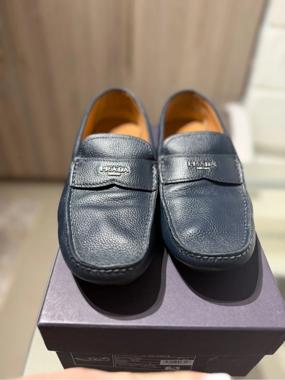 Prada Navy Pebbled Leather Driving Loafers